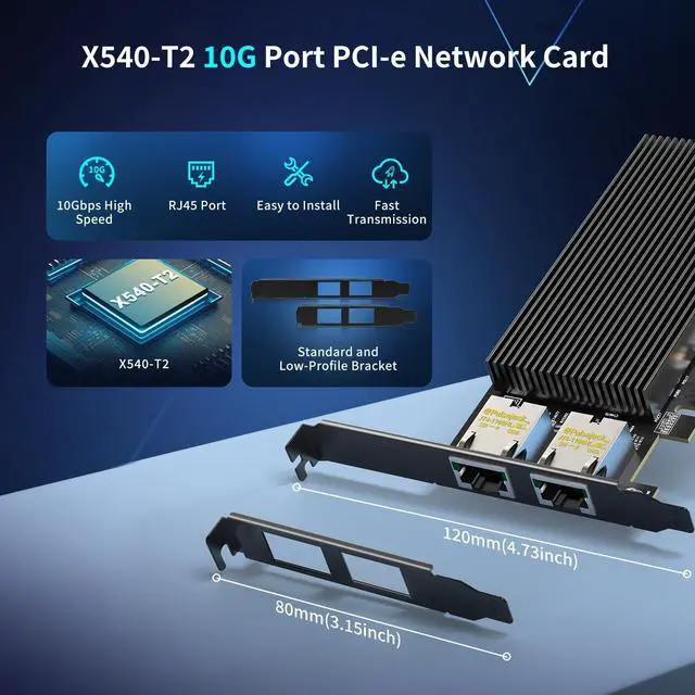 Alt view image 3 of 6 - 10Gb Dual LAN Base-T PCI-e Network Card, X540 Controller, 10Gbps Ethernet Adapter, 2 * 10Gbe RJ45 Port, 10G NIC Card, Support Windows/Windows Server/Linux/Vmware/ESX