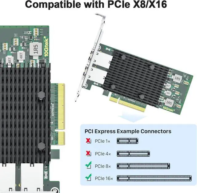 Alt view image 3 of 5 - PCIE X8 Interface to 2X 10Gbps RJ45 Ports Network Adapter, X540-AT2 Ethernet Controller, 2X 10GbE RJ45 Interface PCIE NIC Card, PCI Express 10GbE Converged Network Adapter (X540T2)