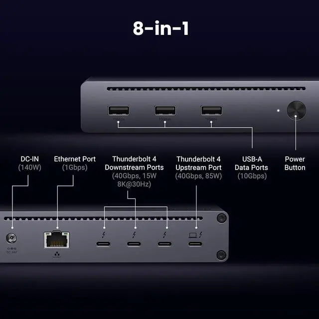 Alt view image 2 of 7 - Revodok Max 208 8-in-1 Thunderbolt 4 Dock - 40Gbps Hub, 3 x Thunderbolt 4, Dual 4K@60Hz or Single 8K Display, 85W Charging, Gigabit Ethernet, 3 x USB A 3.2 for Mac M1/M2/M3/M4 Pro/Max