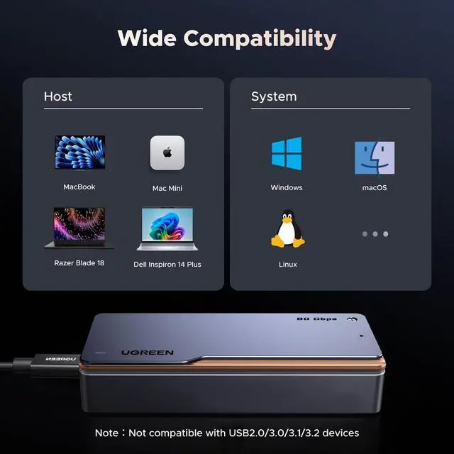 Alt view image 2 of 7 - 80Gbps M.2 NVMe SSD Enclosure with Cooling Fan, Compatible with Thunderbolt 5/4/3/USB 4 M-Key/(M&B) Key 8TB NVMe 2280 SSD, Works with Mac M4 Pro