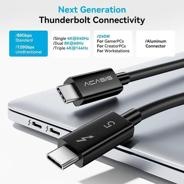 Alt view image 5 of 7 - ACASIS [Certified 80Gbps Thunderbolt 5 Cable, USB C Video Display Cable Support 80Gbps, 120Gbps Bandwidth, 16k@60Hz, 8K@60Hz, 4K@540Hz Compatible with Thunderbolt 4/3, USB4, PD 240W (3.3ft)