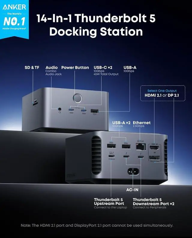 Alt view image 6 of 7 - Anker Prime TB5 Docking Station, 14-in-1 Thunderbolt 5 Dock with 120Gbps Max Transfer, 140W Max Charging, Ambient LED Lighting, Cooling System, Up to 8K Display for Thunderbolt 5/4 Laptops