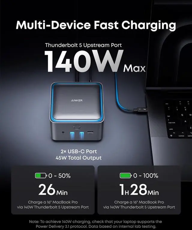 Alt view image 5 of 7 - Anker Prime TB5 Docking Station, 14-in-1 Thunderbolt 5 Dock with 120Gbps Max Transfer, 140W Max Charging, Ambient LED Lighting, Cooling System, Up to 8K Display for Thunderbolt 5/4 Laptops