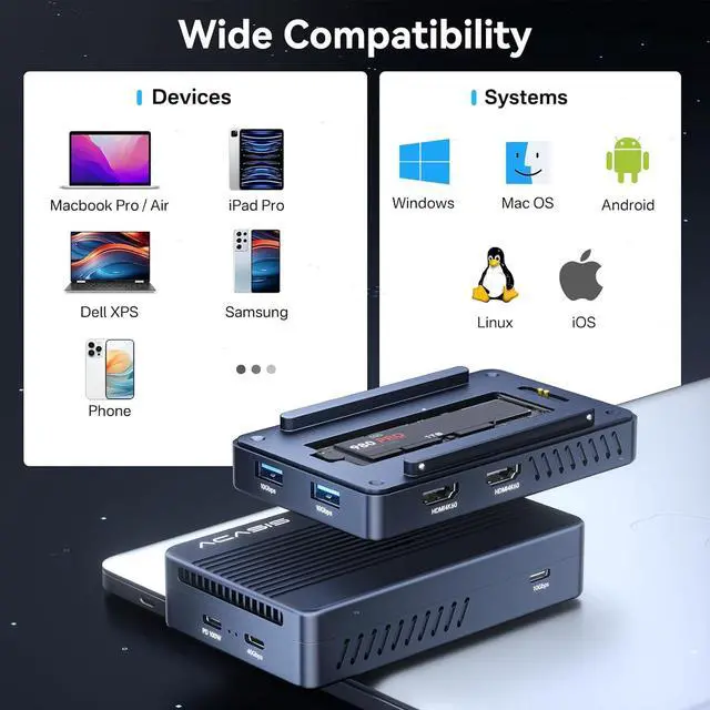 Alt view image 7 of 7 - ACASIS 40Gbps M.2 NVMe SSD Enclosure, Mac mini Dock Dual Monitor, USBC Hub with Cooling Fan,2 * 4K@60HZ, 2*USBA-10G, 1*USBC-10G,PD 100W, Works for M1/M2,Support SSD 2280/2260/2242/2230 B+M M-Key