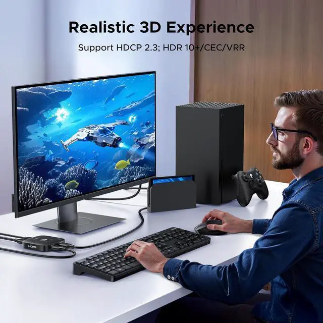 Alt view image 4 of 7 - HDMI 2.1 Switch 2 in 1 Out 8K@60Hz Ultra HD Supports 4K@240Hz 4K@120Hz VRR HDR10+ Dolby Atmos 48Gbps HDMI Switcher Compatible with Switch/Switch 2 PS5 Xbox Roku Firestick Apple TV