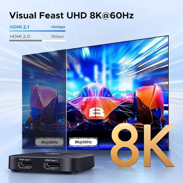 Alt view image 2 of 7 - HDMI 2.1 Switch 2 in 1 Out 8K@60Hz Ultra HD Supports 4K@240Hz 4K@120Hz VRR HDR10+ Dolby Atmos 48Gbps HDMI Switcher Compatible with Switch/Switch 2 PS5 Xbox Roku Firestick Apple TV