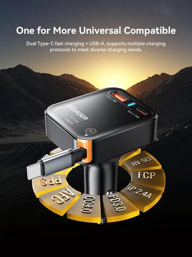 Alt view image 4 of 7 - Retractable Car Charger, ESSAGER 65W Fast Car Charger USB C Car Phone Charger with Retractable USB C Cable Car Charger Adapter for iPhone 16/15/14/13/12 Pro Max, Galaxy, Pixel