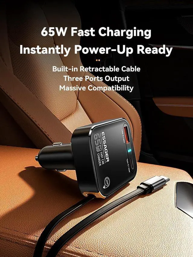 Alt view image 5 of 7 - Retractable Car Charger, ESSAGER 65W Fast Car Charger USB C Car Phone Charger with Retractable USB C Cable Car Charger Adapter for iPhone 16/15/14/13/12 Pro Max, Galaxy, Pixel