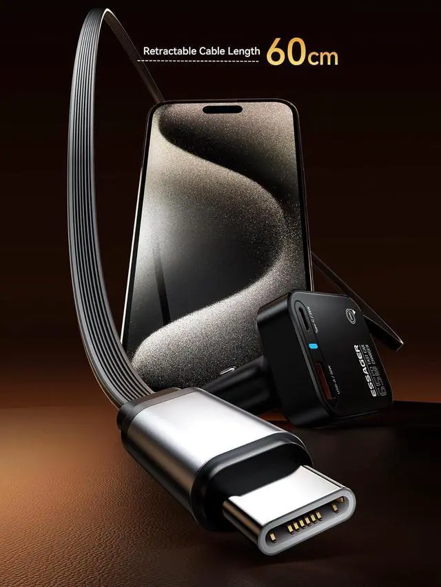 Alt view image 6 of 7 - Retractable Car Charger, ESSAGER 65W Fast Car Charger USB C Car Phone Charger with Retractable USB C Cable Car Charger Adapter for iPhone 16/15/14/13/12 Pro Max, Galaxy, Pixel