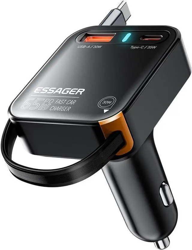 Main image of Retractable Car Charger, ESSAGER 65W Fast Car Charger USB C Car Phone Charger with Retractable USB C Cable Car Charger Adapter for iPhone 16/15/14/13/12 Pro Max, Galaxy, Pixel