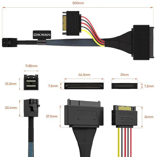 Alt view image 5 of 7 - Internal 12G Mini SAS HD to U.2 / SFF-8643 to SFF-8639 Cable 0.5m with 15Pin SATA Power for U.2 SSD