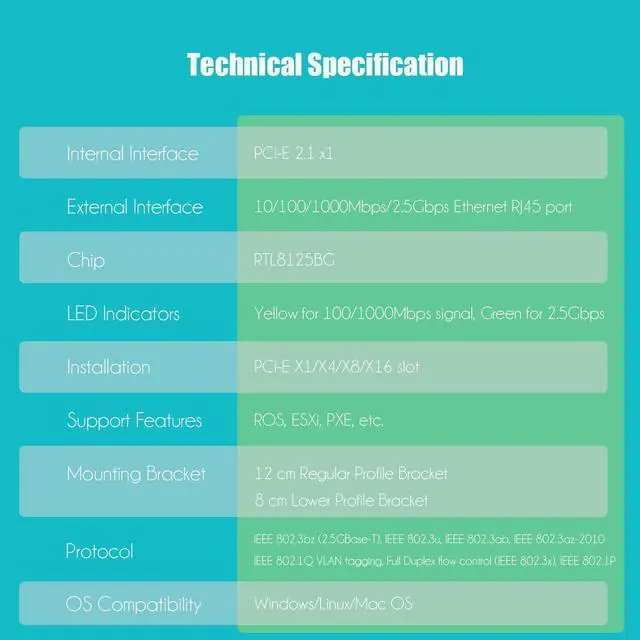 Alt view image 5 of 7 - LE8105 2.5Gb PCIe Network Card for Desktop PC, 2500/1000/100Mbps Giga-bit Ethernet RJ45 LAN Port, PCIE X1 Interface, Regular & Low Profile Bracket