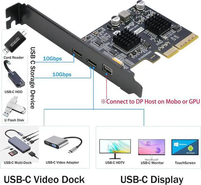 Alt view image 5 of 7 - PCIe to USB C Expansion Card [10Gbps], PCIe 3.0 x4 and Mini Displayport (Input) to USB 3.2 Gen2 Type-C 10Gbps Video Card
