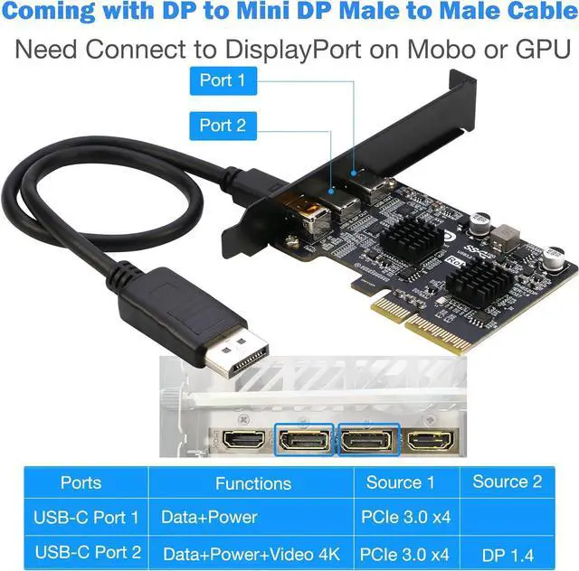 Alt view image 4 of 7 - PCIe to USB C Expansion Card [10Gbps], PCIe 3.0 x4 and Mini Displayport (Input) to USB 3.2 Gen2 Type-C 10Gbps Video Card
