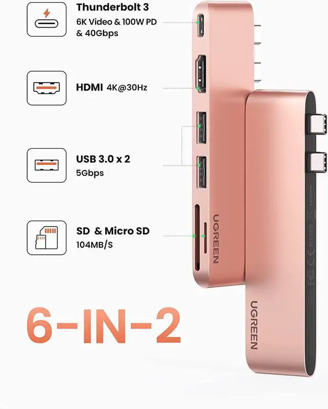 Alt view image 2 of 7 - UGREEN USB C Hub Adapter for MacBook Pro MacBook Air M1 2020 2019 2018 with 4K HDMI Thunderbolt 3 100W Power Delivery SD TF Card Reader and 2 USB 3.0 Ports, Gold
