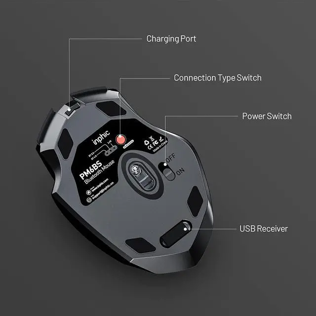 Alt view image 6 of 7 - Bluetooth Mouse, INPHIC Rechargeable Wireless Mouse Multi-Device (Tri-Mode:BT 5.0/4.0+2.4Ghz) with Silent , 3 DPI Adjustment, Ergonomic Optical Portable Mouse for Laptop Android Windows Mac OS, Grey