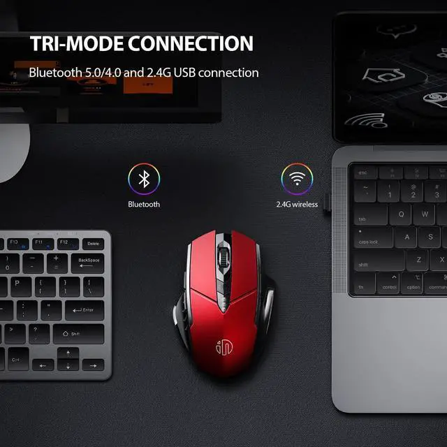 Alt view image 2 of 6 - Bluetooth Mouse [Upgraded: Battery Level Visible], Inphic Rechargeable Wireless Mouse Multi-Device (Tri-Mode:BT 5.0/4.0+2.4Ghz) with Silent,red
