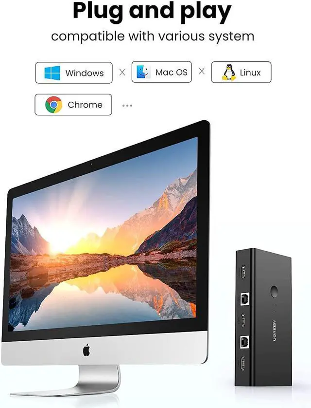 Alt view image 6 of 7 - UGREEN KVM Switch, HDMI and USB Switcher 2 in 1 Out Switches for 2 Computers Share Keyboard Mouse Printer and 1 Monitor, Support Full HD 4K@30Hz with One Button Switch, 2 USB Cable and 2 HDMI Cable
