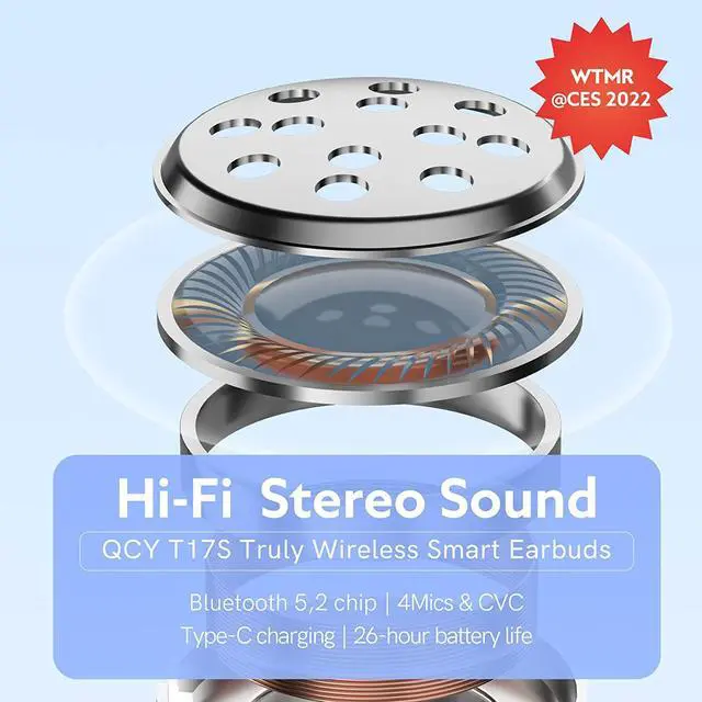 Alt view image 5 of 7 - QCY T17S True Wireless Earbuds, Bluetooth 5.2 Earphone with Mic, Qualcomm QCC3040 Waterproof in-Ear Headphones, CVC 8.0 Noise Reduction, AptX Low Latency Ear Buds, Deep Bass, 28H Playtime (White)