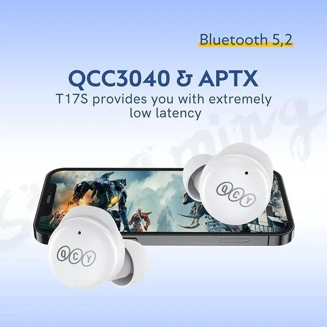 Alt view image 2 of 7 - QCY T17S True Wireless Earbuds, Bluetooth 5.2 Earphone with Mic, Qualcomm QCC3040 Waterproof in-Ear Headphones, CVC 8.0 Noise Reduction, AptX Low Latency Ear Buds, Deep Bass, 28H Playtime (White)