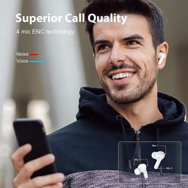 Alt view image 4 of 7 - Wireless Bluetooth Earbuds with Microphone, QCY T13 TWS Waterproof in Ear Headphone ENC Noise Cancelling, Deep Bass, Touch Control Ear Buds, HiFi Stereo 40H Earphone for Android iPhone, White