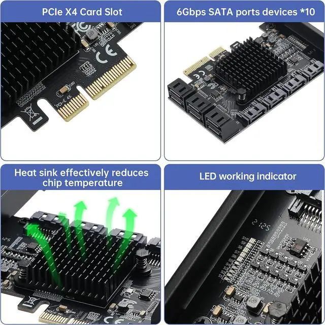 Alt view image 3 of 7 - PCIE to SATA 3.0 Card 10 Ports,PCIE III 6Gbps Expansion Card,ASM1166+JMB575 Chips  10SATA-4X -