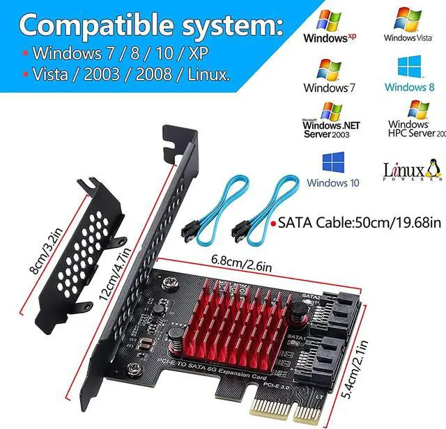 Alt view image 5 of 6 - 1X PCIE SATA Card 2 Ports,with 2 SATA Cables,6 Gbit/s PCIE SATA Expansion Card,PCIE to SATA Controller,PCI-E 3.0 GEN3 JMicron + JMB582 Chip