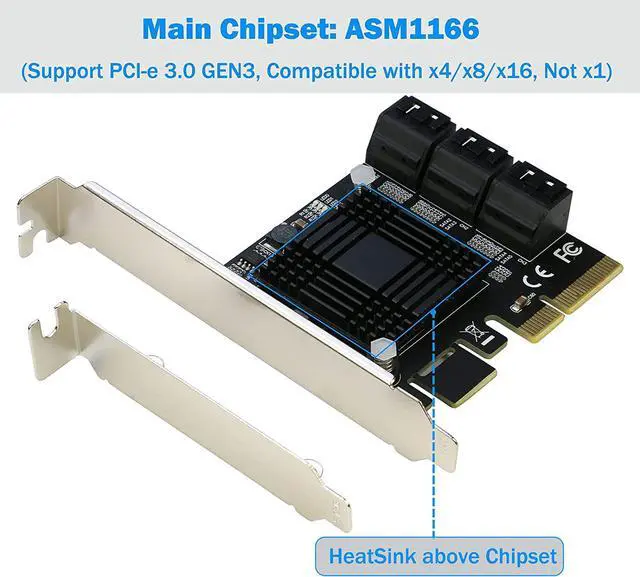 Alt view image 3 of 7 - PCIe SATA Card [6 Ports],  x4 to 6 Port 3.0 6Gbps Expansion Controller Adapter -