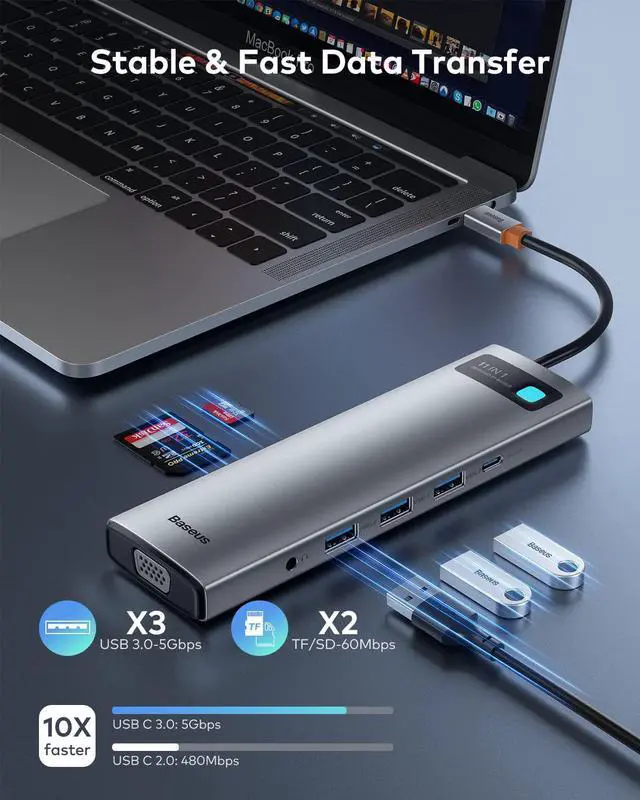 Alt view image 3 of 7 - Baseus Docking Station, 16-in-1 USB C Hub to Display on 4 Monitors, 2 HMDI, 2 DP, 2 USB-C Ports, 3 USB3.0 Ports, 1000Mbps LAN Port, MicroSD/TF Card Reader, Compatible with Windows and MacOS Laptops