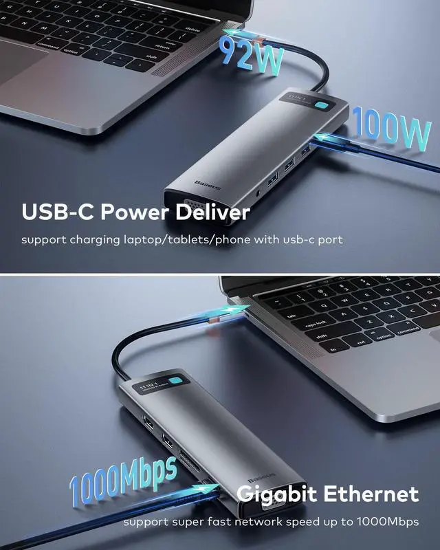 Alt view image 4 of 7 - Baseus Docking Station, 16-in-1 USB C Hub to Display on 4 Monitors, 2 HMDI, 2 DP, 2 USB-C Ports, 3 USB3.0 Ports, 1000Mbps LAN Port, MicroSD/TF Card Reader, Compatible with Windows and MacOS Laptops