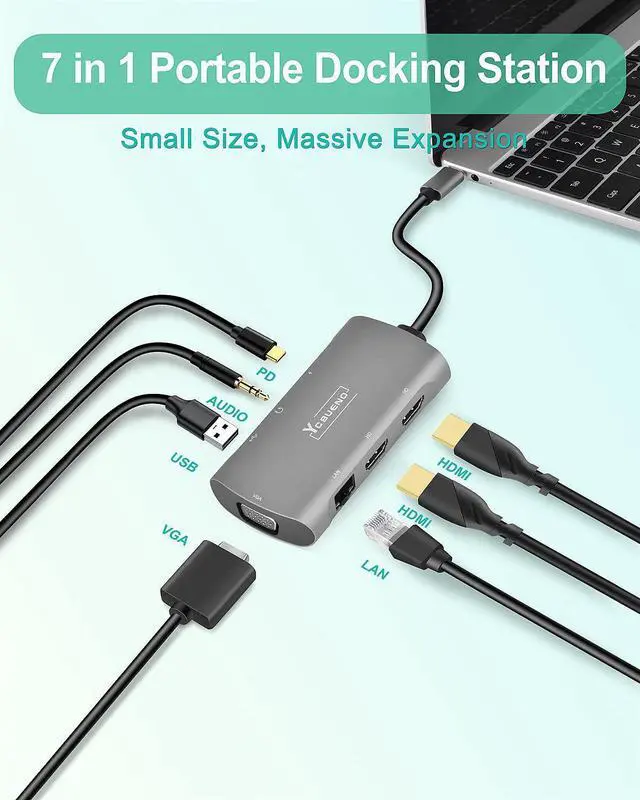 Alt view image 4 of 7 - YCBUENO USB C Docking Station, 7-in-1 USB C Hub Adapter with Dual 4K HDMI MST/1080P VGA/100W PD Charging/USB2.0/Lan (RJ45 Ethernet)/Audio, Type-C Hub for MacBook Pro, iPad Pro, and More Type C Devices