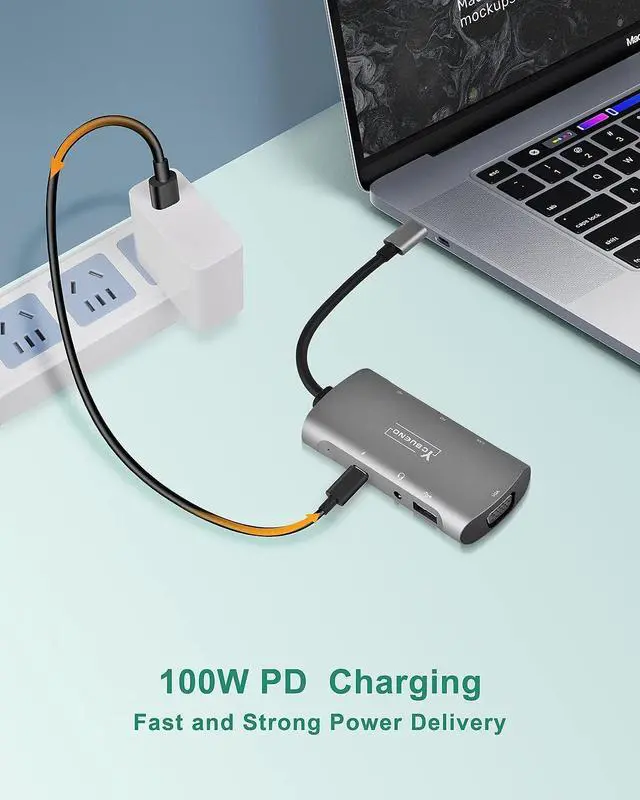 Alt view image 7 of 7 - YCBUENO USB C Docking Station, 7-in-1 USB C Hub Adapter with Dual 4K HDMI MST/1080P VGA/100W PD Charging/USB2.0/Lan (RJ45 Ethernet)/Audio, Type-C Hub for MacBook Pro, iPad Pro, and More Type C Devices