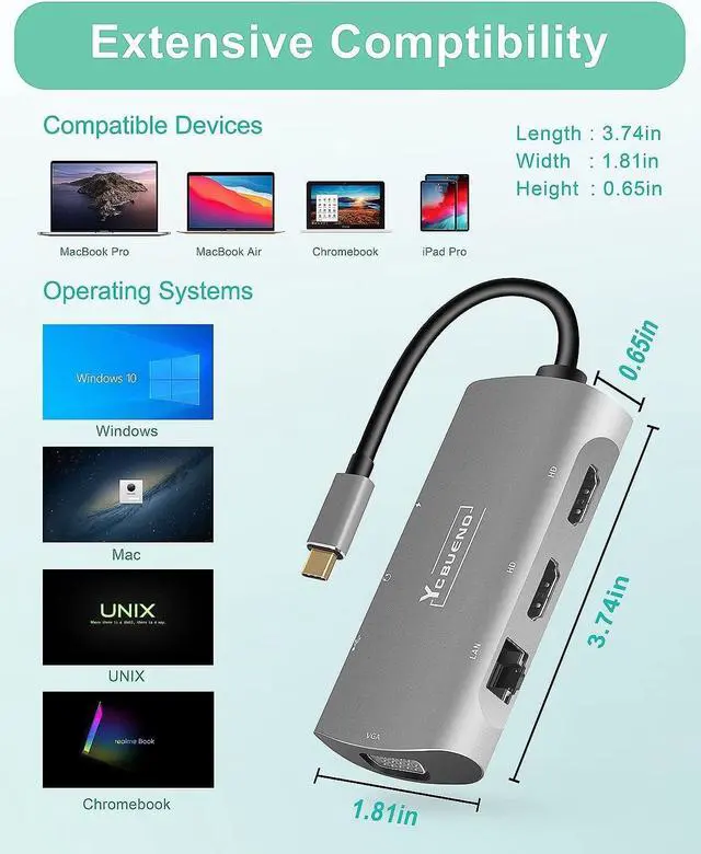 Alt view image 7 of 7 - USB C Docking Station Dual Monitor,Laptop Docking Station,12 in 1 Triple Display USB C Hub Multiport Adapter to Dual 4K HDMI,DP,100W PD,2 USB 3.1,RJ45,SD/TF,Audio for MacBook and Type C Laptop