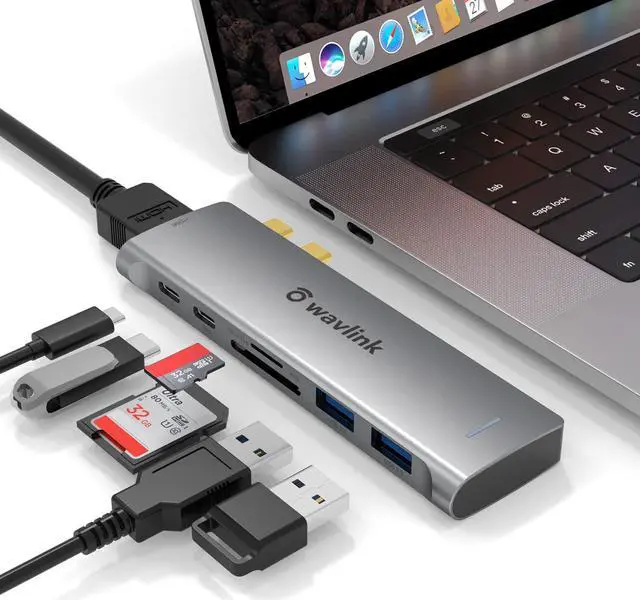 Main image of WAVLINK USB C Hub, 7-in-2 Type C Adapter Mini Docking Station with Thunderbolt 3 USB C Port, 4K HDMI, 2 USB 3.0, SD/TF Card Reader, 100W PD for MacBook Pro 2016-2020 MacBook Air 2018-2020