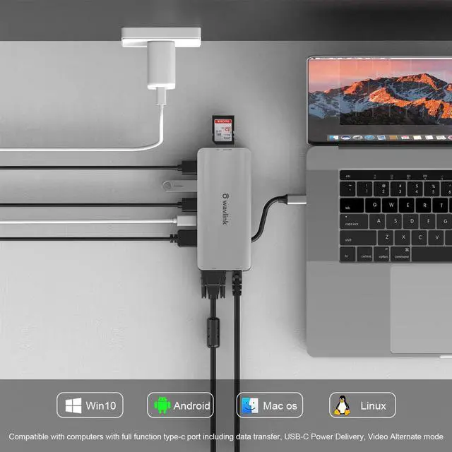 Alt view image 7 of 7 - WAVLINK USB C Hub, 10-in-1 Type C Adapter Mini Docking Station with 4K 30Hz HDMI, 2K 60Hz VGA, RJ45 Ethernet, 3 USB 3.0, SD/TF Card Reader, 3.5mm Audio Jack, 87W PD for Windows Mac and More