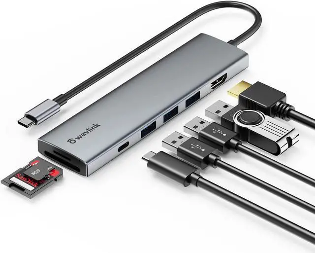 Main image of WAVLINK USB C Hub, 7-in-1 Type-C Multiport Adapter with 100W Power Delivery, 4K@30Hz HDMI, SD/TF Card Slots, 3 USB 3.0 5Gbps Data Ports for PC, Support Windows, Mac OS and More