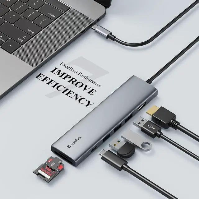 Alt view image 2 of 7 - WAVLINK USB C Hub, 7-in-1 Type-C Multiport Adapter with 100W Power Delivery, 4K@30Hz HDMI, SD/TF Card Slots, 3 USB 3.0 5Gbps Data Ports for PC, Support Windows, Mac OS and More