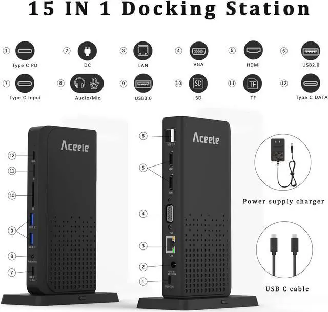 Alt view image 2 of 7 - Aceele Triple Display USB C Docking Station 15 in 1 USB C Hub SD/TF, 4K HDMI, VGA, LAN, 3.5mm Audio, 100W PD, Multiport Adapter for MacBook Pro/Air, Dell XPS, HP, Surface and Lenovo