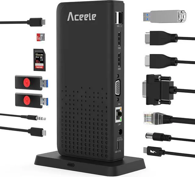 Main image of Aceele Triple Display USB C Docking Station 15 in 1 USB C Hub SD/TF, 4K HDMI, VGA, LAN, 3.5mm Audio, 100W PD, Multiport Adapter for MacBook Pro/Air, Dell XPS, HP, Surface and Lenovo