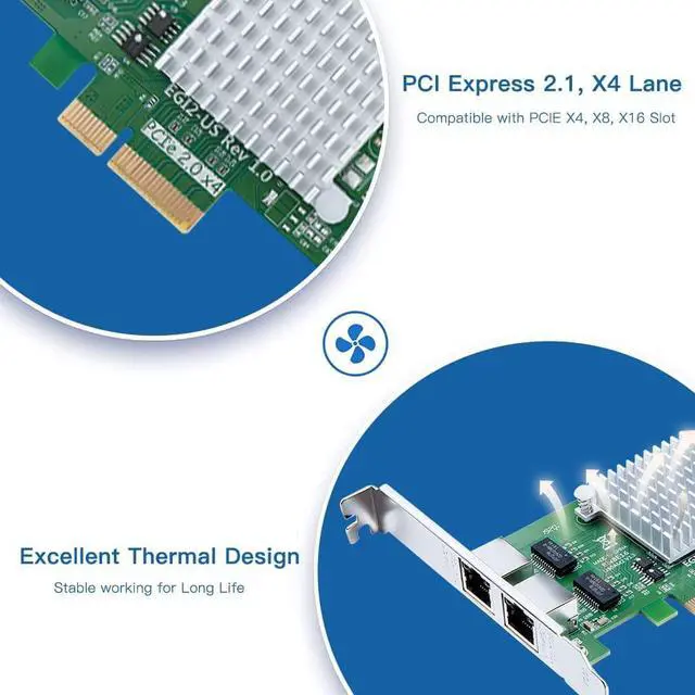 Alt view image 5 of 7 - Gigabit 2 Port NIC with Intel I350 Chip, 1Gb Network Card Compare to Intel I350-T2 NIC, Dual RJ45 Ports, PCI Express 2.1 X4, Ethernet Card with Low Profile for Windows/Windows Server/Linux