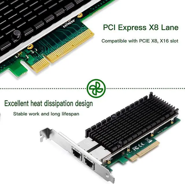 Alt view image 3 of 7 - 10Gb Ethernet NIC with Intel X540-BT2 Controller, 10G PCI-E Network Card Compare to Intel X540-T2 Converged Network Adapter, Dual RJ45 Copper Ports, PCI Express X8