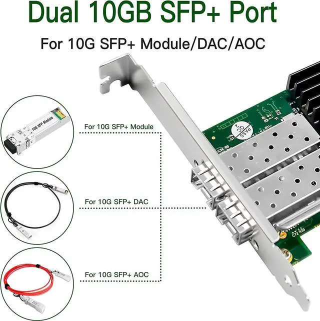 Alt view image 2 of 7 - 10Gb Ethernet NIC with Intel 82599ES Controller, 10G PCI-E Network Card Compare to Intel X520-DA2 Converged Network Adapter, Dual SFP+ Ports, PCI Express X8
