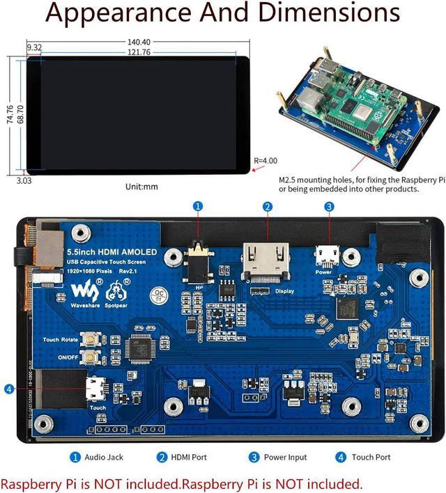 Alt view image 7 of 7 - waveshare 5.5inch HDMI AMOLED Display 1080x1920 Resolution Capacitive Touch Screen with Toughened Glass Cover 6H Hardness for Raspberry Pi 4B/3B+/3B/2B/Zero/Zero W and Jetson Nano,PC,Multi Systems