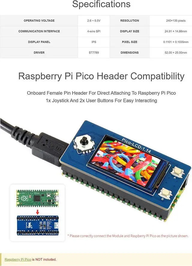Alt view image 6 of 7 - waveshare 1.14inch LCD Display Module for Raspberry Pi Pico 65K RGB Colors 240×135 Pixels with SPI Interface Embedded ST7789 Driver Using SPI Bus IPS Screen
