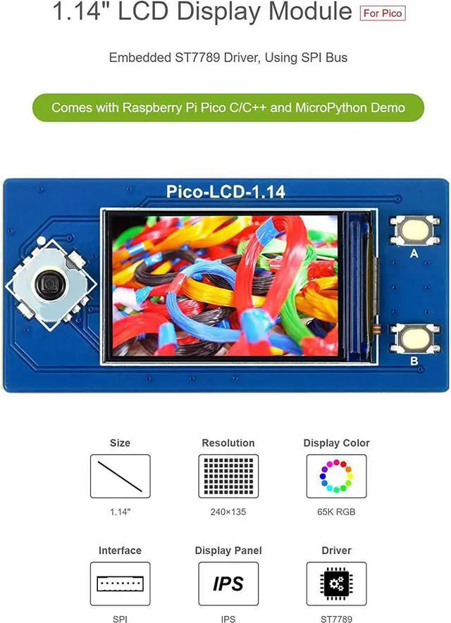 Alt view image 5 of 7 - waveshare 1.14inch LCD Display Module for Raspberry Pi Pico 65K RGB Colors 240×135 Pixels with SPI Interface Embedded ST7789 Driver Using SPI Bus IPS Screen