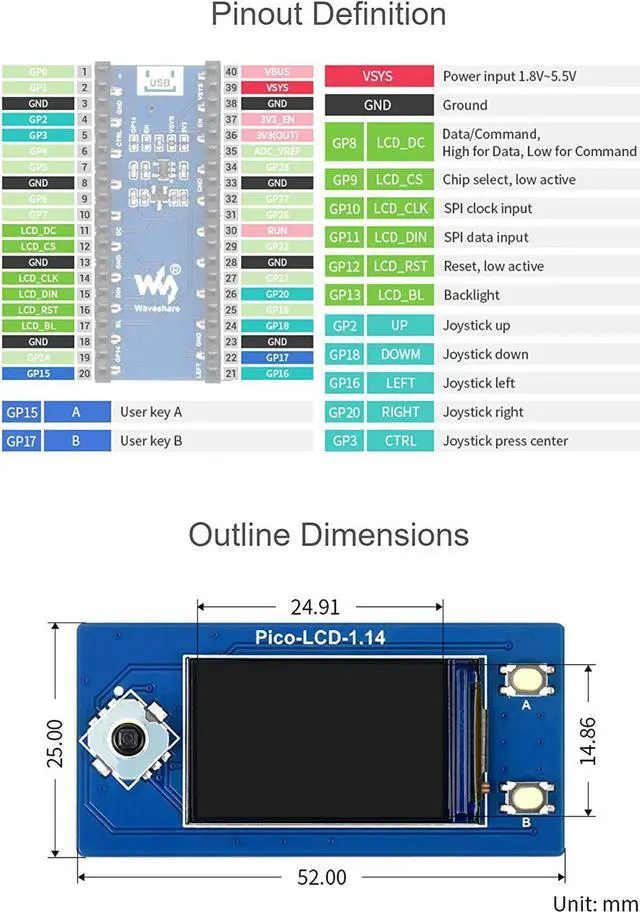 Alt view image 7 of 7 - waveshare 1.14inch LCD Display Module for Raspberry Pi Pico 65K RGB Colors 240×135 Pixels with SPI Interface Embedded ST7789 Driver Using SPI Bus IPS Screen