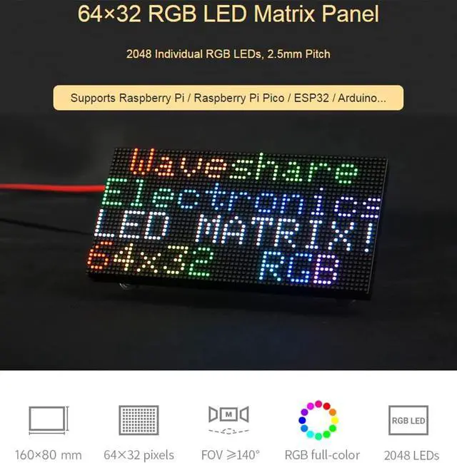 Alt view image 2 of 7 - RGB Full-Color LED Matrix Panel 64x32 Pixels, 2.5mm Pitch, 2048 Individual RGB LEDs, Adjustable Brightness, Support Raspberry Pi/Raspberry Pi Pico/ESP32/Ardu, Display Text, Colorful Image/Animation