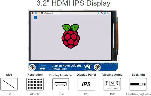Alt view image 2 of 7 - waveshare 3.2inch IPS LCD Display (H) for Raspberry Pi 4B/3B+/3B/2B/Zero/Zero W/Zero WH and Jetson Nano and Windows 11/10/8.1/8/7, 480×800 Pixel, Adjustable Brightness, No Touch
