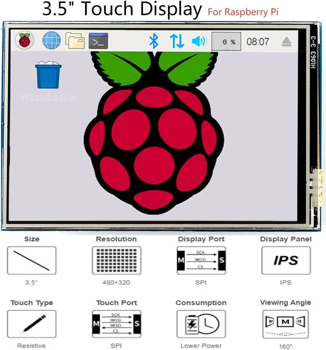 Alt view image 2 of 7 - Waveshare 3.5" Resistive Touch Screen IPS LCD 480x320, XPT2046 Controller, Compatible with Raspberry Pi 5/4B/3B+/3B/2B/A+/B+/Zero W/Zero 2W