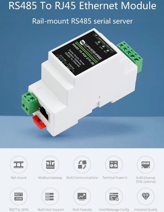 Alt view image 2 of 7 - RS485 to RJ45 Ethernet with POE Function Modbus/MQTT Gateway, Bi-Directional Transparent Data Transmission Between RS485 and Ethernet, 6~36V DC Screw Terminal, or PoE Port Power Supply
